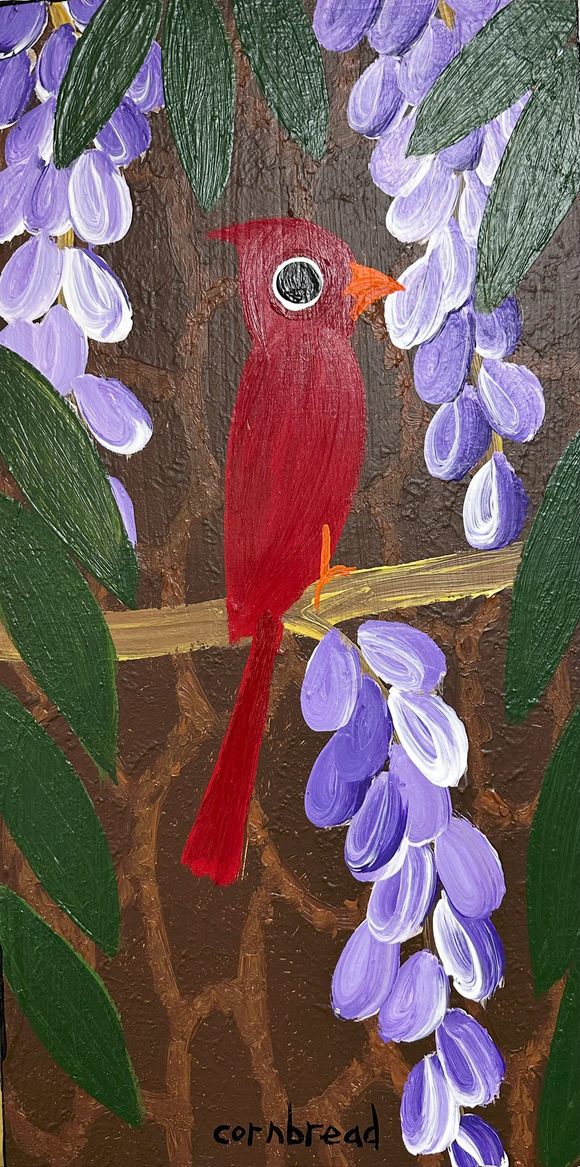 Cardinal on a Wisteria Vine ona Pine