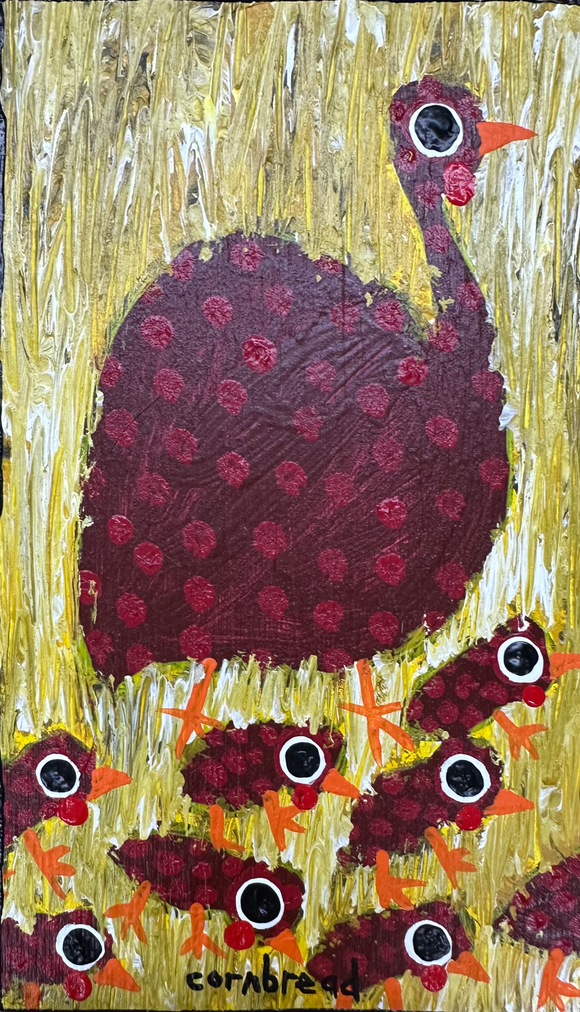 Red on Maroon Guinea Hen and Chicks (Miniature)