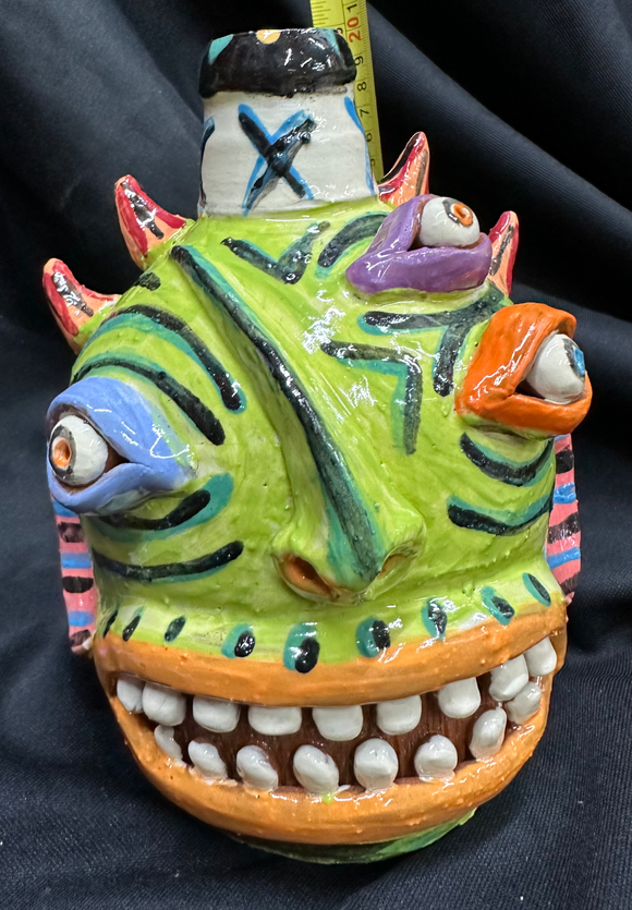 Lime Green 3 Eyed Doubled Horned Devil XXX Face Jug