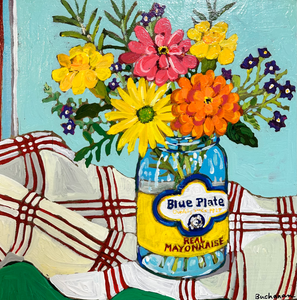 Zinnias, Marigolds, Petunias and a Daisy in a Blue Plate Jar