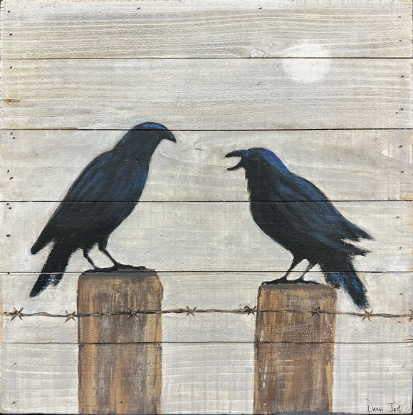 Two Crows on Fence Posts